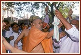 Swamishri blesses a bhajan-group of devotees from neighboring villages 