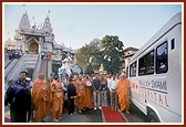 Swamishri performs pujan of a new ambulance in the services of 'Pramukh Swami hospital' at the BAPS Mandir in Atladra