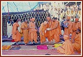 Swamishri performs the foundation stone-laying  ceremony for the new shikharbaddh mandir