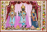 Shri Harikrishna Maharaj and Shri Radha Krishna Dev adorned for the Hari Jayanti celebration