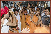 Devotees dance with joy before Swamishri in the mandir