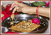 Swamishri performs pujan of Yantra, Shehshnarayan and Kurma to be placed beneath the murti of Bhagwan Swaminarayan