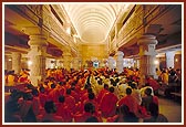 A satsang assembly of sadhus inside Premvati Food Court