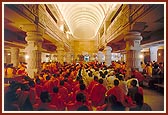 A satsang assembly of sadhus inside Premvati Food Court