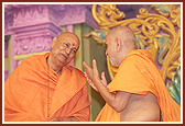 Swamishri and Pujya Satyamitranand Swami engaged in a warm spiritual dialogue 