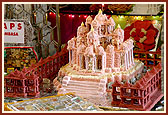 Varieties of sweets, 'farsan', cooked vegetables and cake modeled on Swaminarayan Akshardham and parikrama