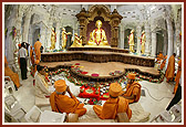 Inside the monument the murti-pratishtha rituals are commenced by senior sadhus