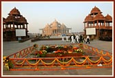 Akshardham complex bedecked with flowers on the morning of the murti-pratishtha ceremony