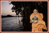 Swamishri with Shri Harikrishna Maharaj under the sacred banyan tree