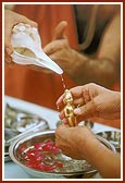 ... bathes Shri Harikrishna Maharaj with panchamrut 