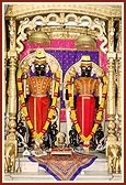 Shri Ranchhodji and Shri Trivikramray Dev adorned in sandalwood paste