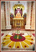 Newly consecrated murti of Pramukh Swami Maharaj in rang mandap of Amdavad mandir