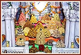 Varieties of food items offered to the murtis in Akshar Deri