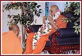Pujya Amrutnandan Swami greets Swamishri with a garland made by Kishori Mandal